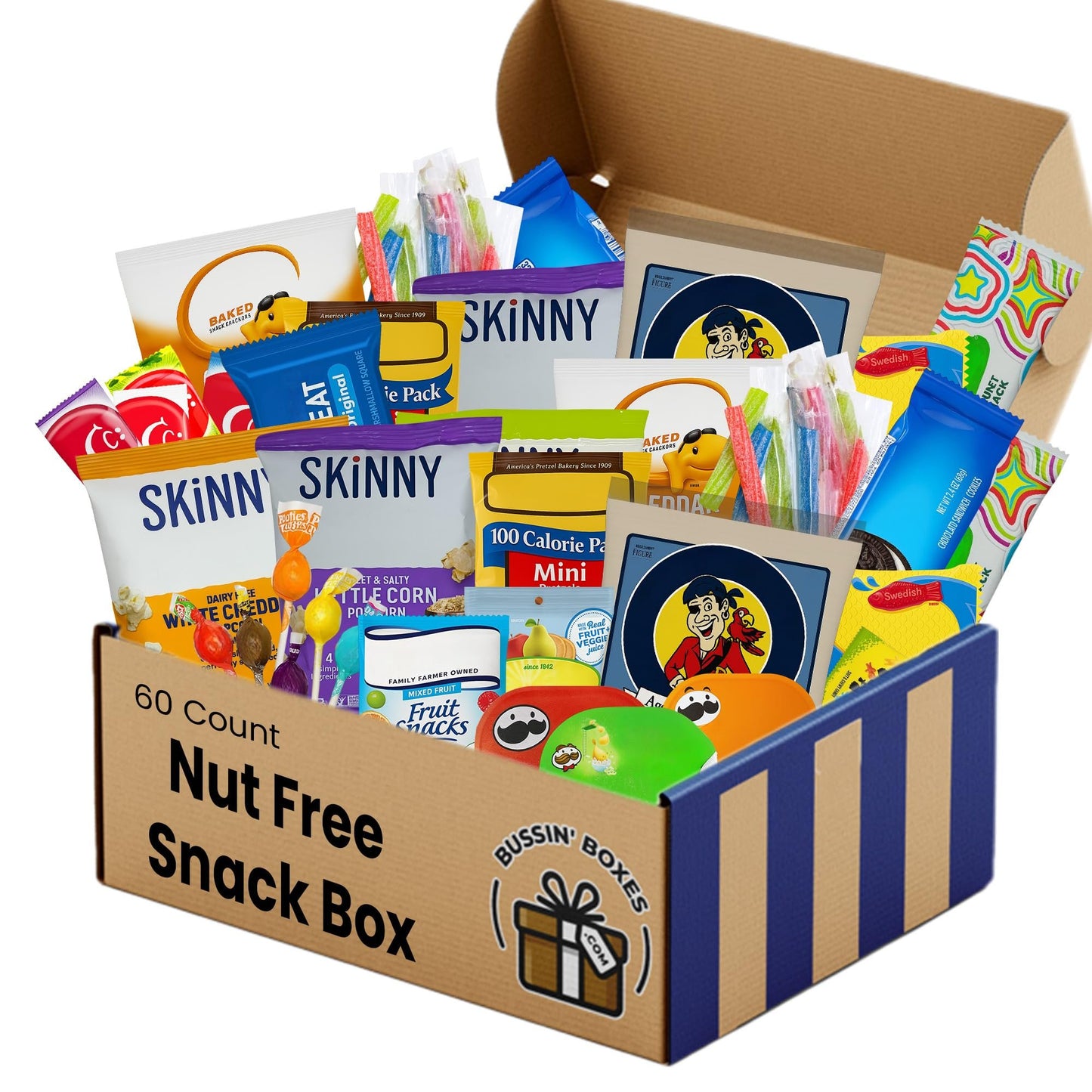 Peanut Free and Nut Free Snack Box – 60 Count Bulk Pack of Individually Wrapped Allergy-Friendly Snacks – Assembled by Bussin Boxes