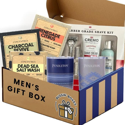 Gift Box for Men with Premium Shaving Kit, Stainless Steel Travel Mugs & Handmade Soap – Grooming & Self-Care Gift Set for Him