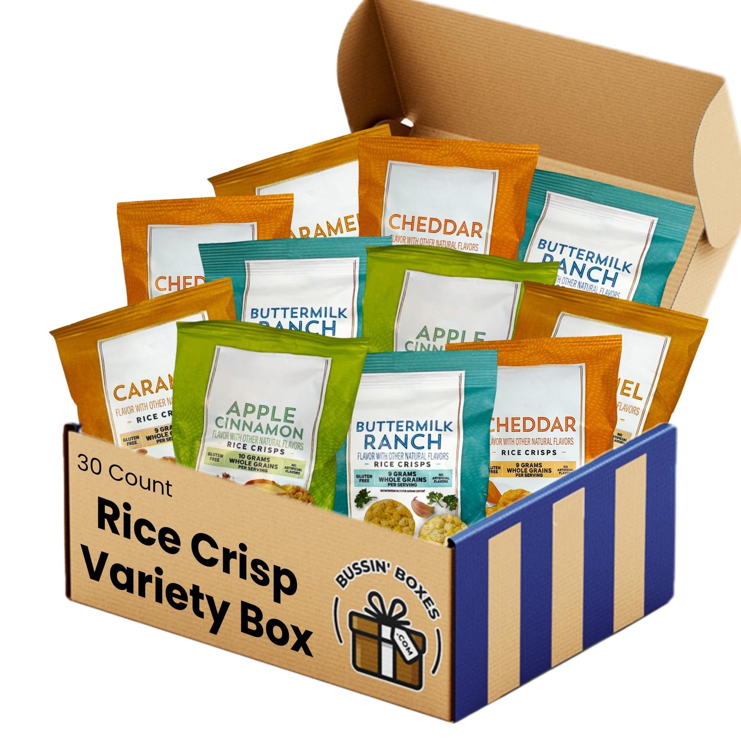 Rice Crisps Variety Pack – Multi-Grain Snack Bags Assortment – 30 Count Healthy, Low Calorie Snack Box for Adults and Kids Assembled by Bussin Boxes
