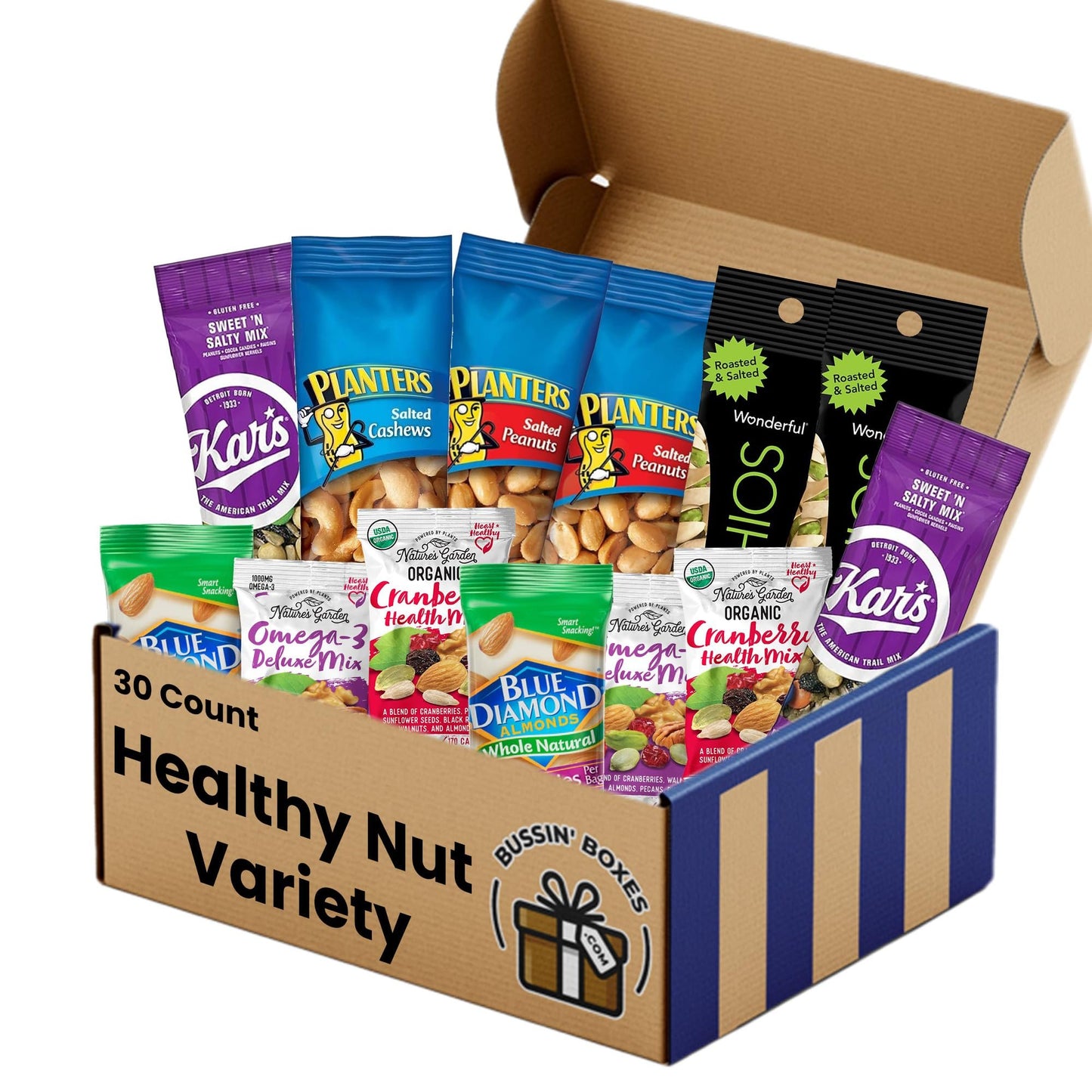 Healthy Nuts Variety Pack – 60 Count Box of Salted Cashews, Almonds, Peanuts, and Trail Mix – On-the-Go Protein Snacks – Assembled by Bussin Boxes