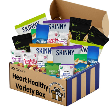 Heart Healthy Snacks Variety Pack – Nuts, Trail Mix, and Popcorn – Individually Wrapped Snack Box for Adults On-the-Go – 30 Count Assembled by Bussin Boxes
